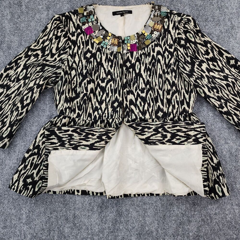 Nanette Lepore Jacket Womens 4 Black White Tribal Linen Blend 3/4 Sleeve Gems - Picture 12 of 16
